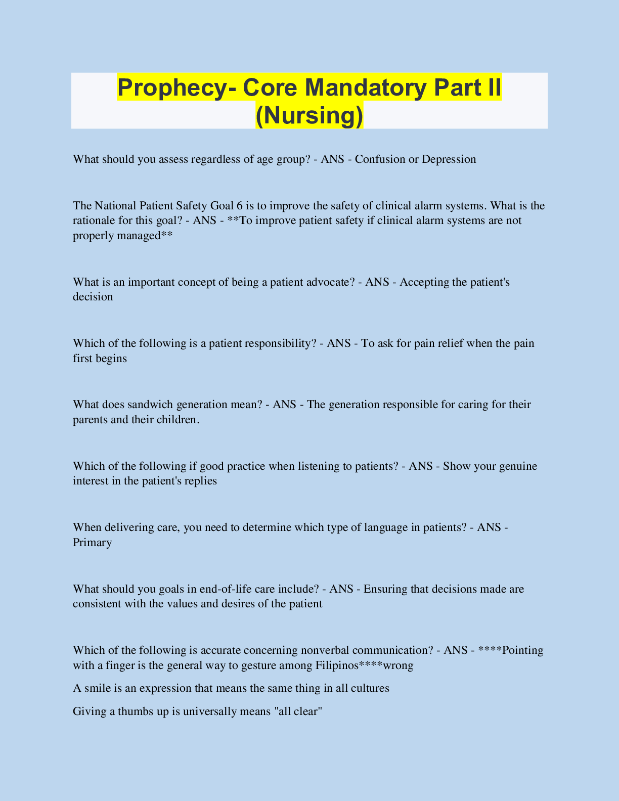 Preview image of Prophecy- Core Mandatory Part II (Nursing) document